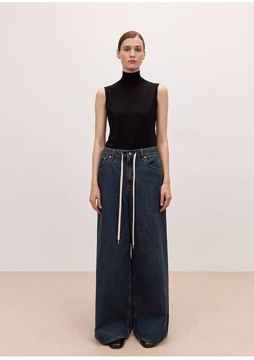 "Retro Blues" fashionable high waist pleated design washed casual wide leg jeans for women